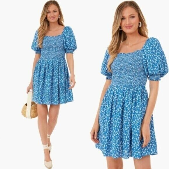 Hyacinth House NEW Blue Micro Floral Smocked Short Sleeve Mini Dress Size XL